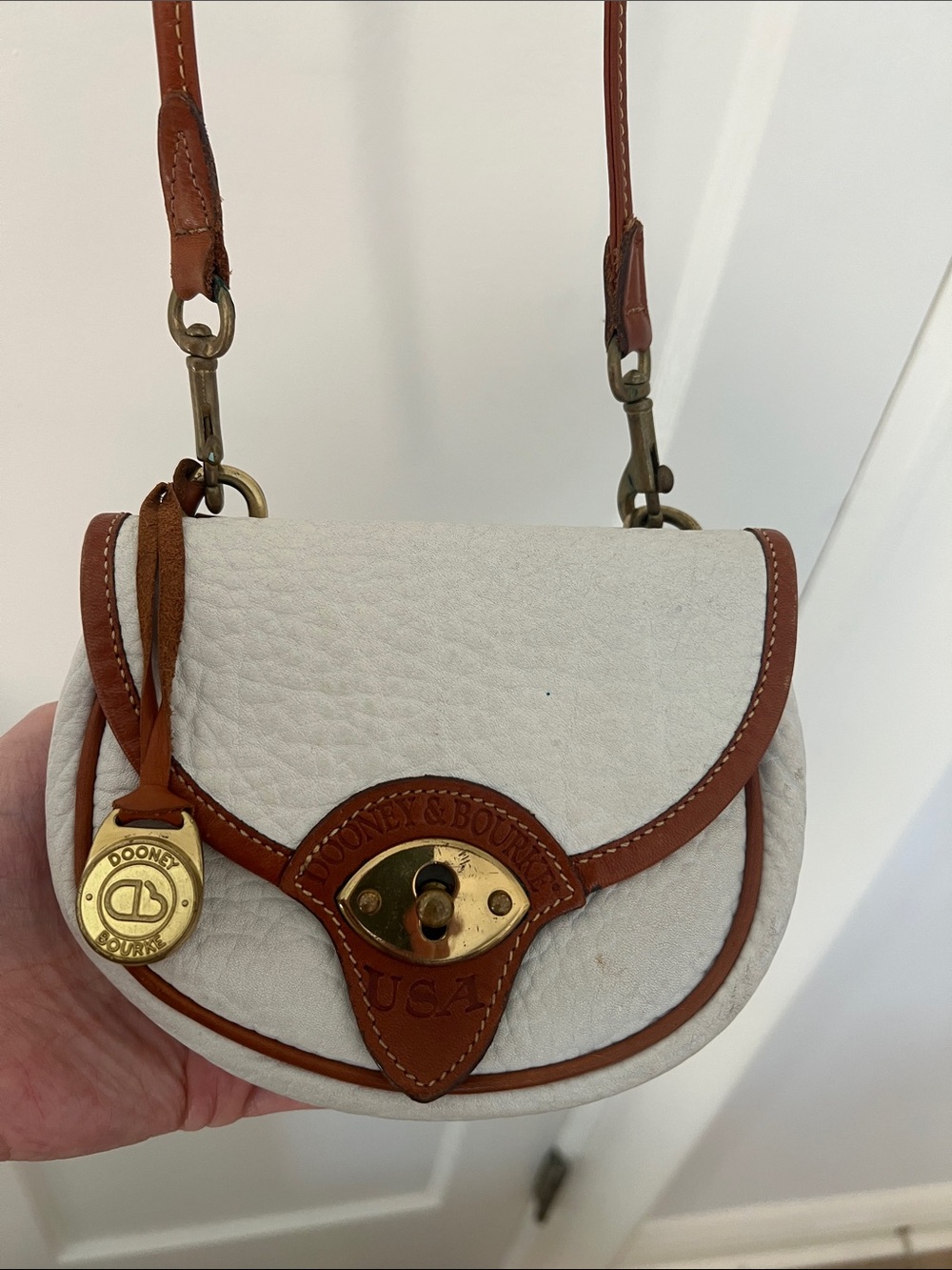 Authentic Mini Dooney Crossbody Bag in White and Tan - Sleek Everyday Style